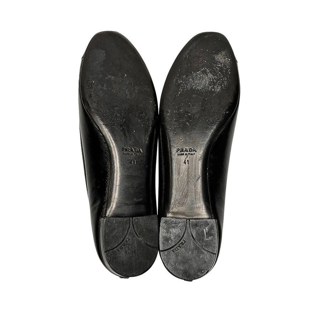 Prada Saffiano Leather Ballet Flats Cap Toe Black Logo Bow EU 41 Italy Slip Ons - Picture 14 of 14